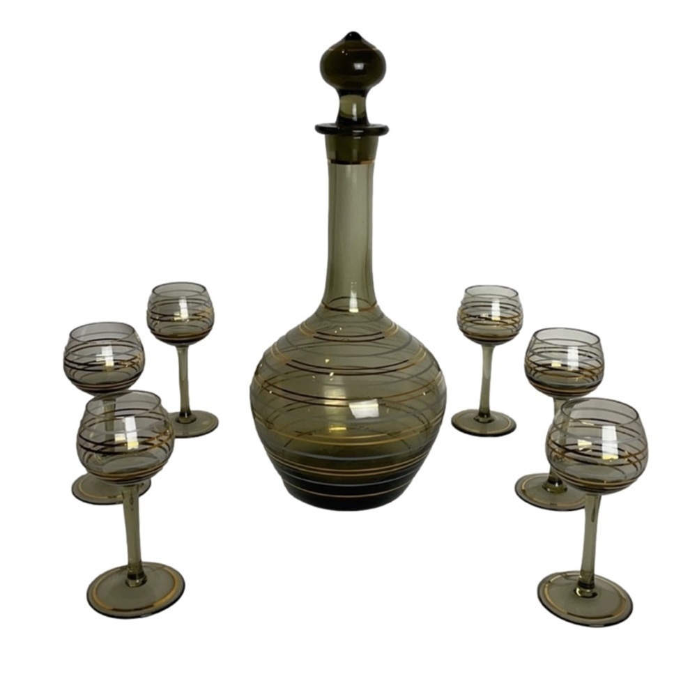 Vintage Bohemian Genie Bottle MCM Gold Striped Smokey Topaz Decanter Set